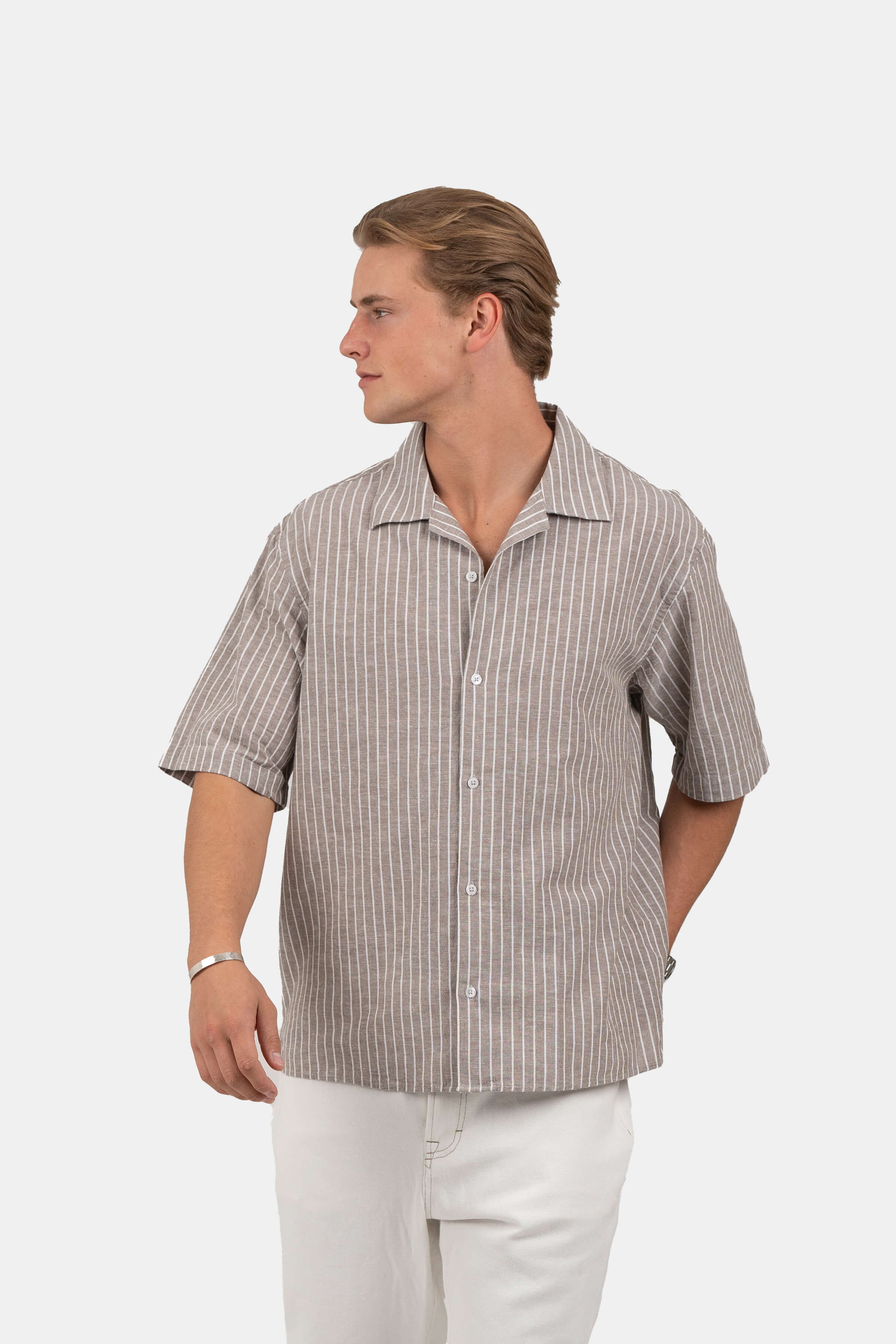 Kortærmet Hørskjorte Mokka Stribet | Skagen-clothing.dk